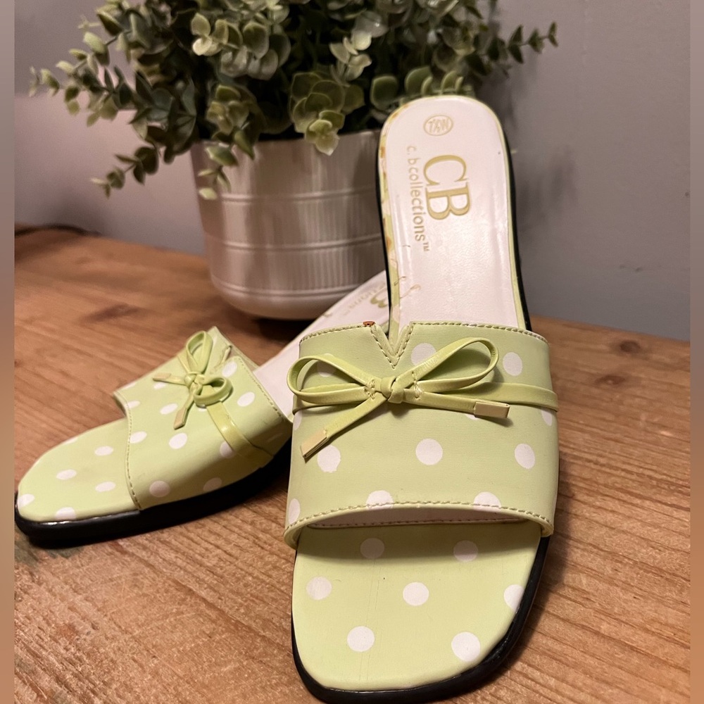 Green with white polka dot mules